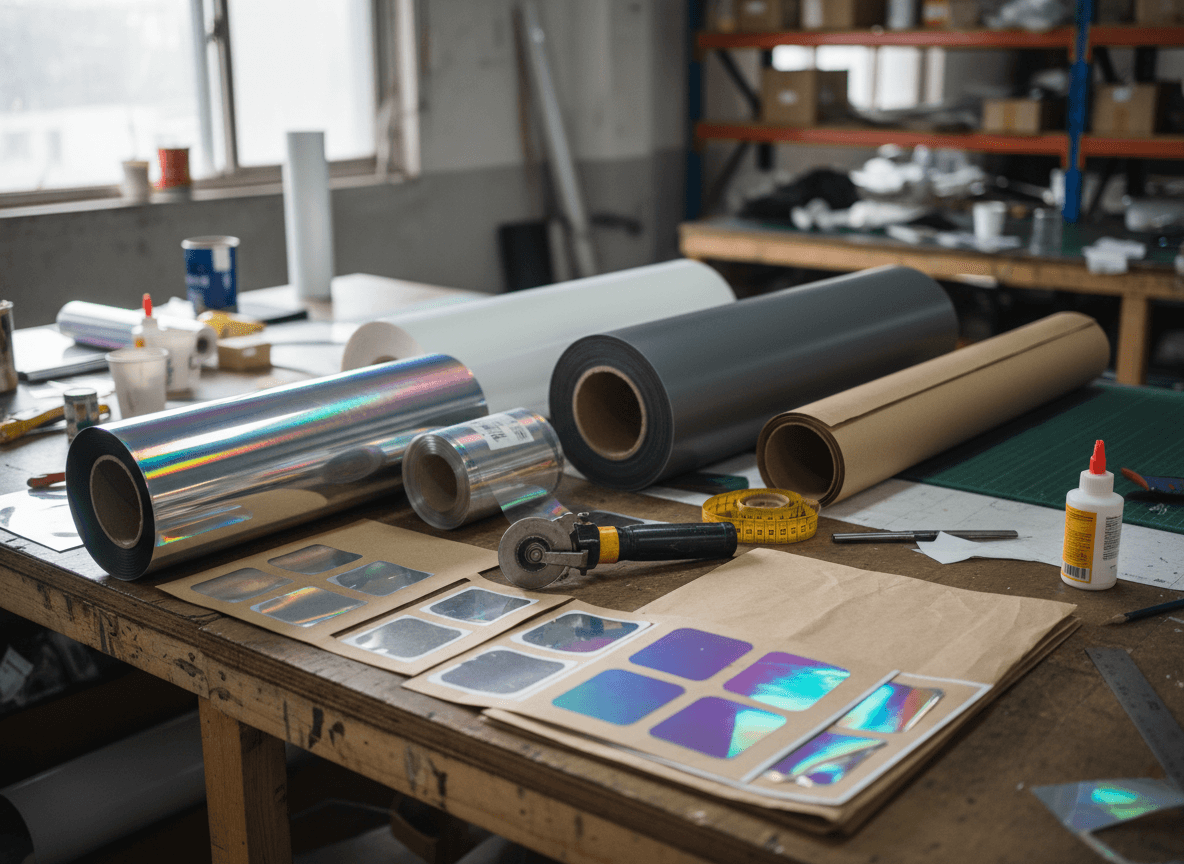 Specialty substrate samples showing metallic foil, synthetic film, and textured paper options