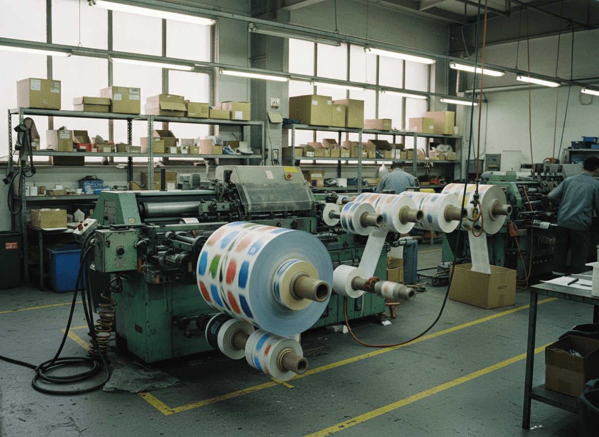 Consumer goods product labels being applied on automated packaging line