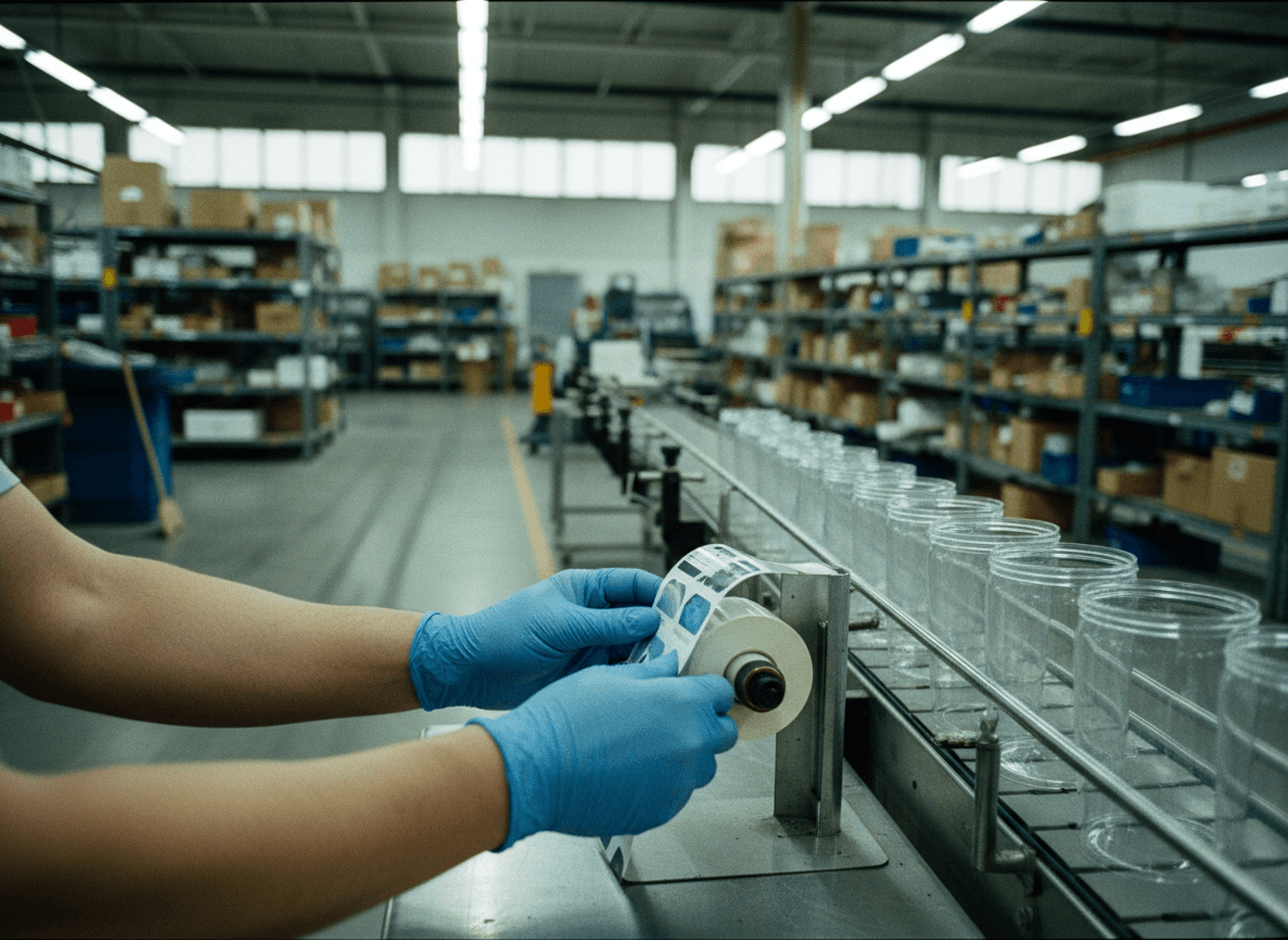 Consumer goods label application on production line