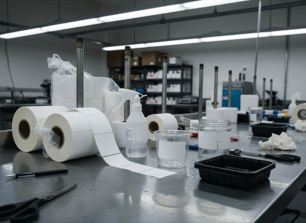 Food-grade packaging labels on production line with FDA-compliant inks