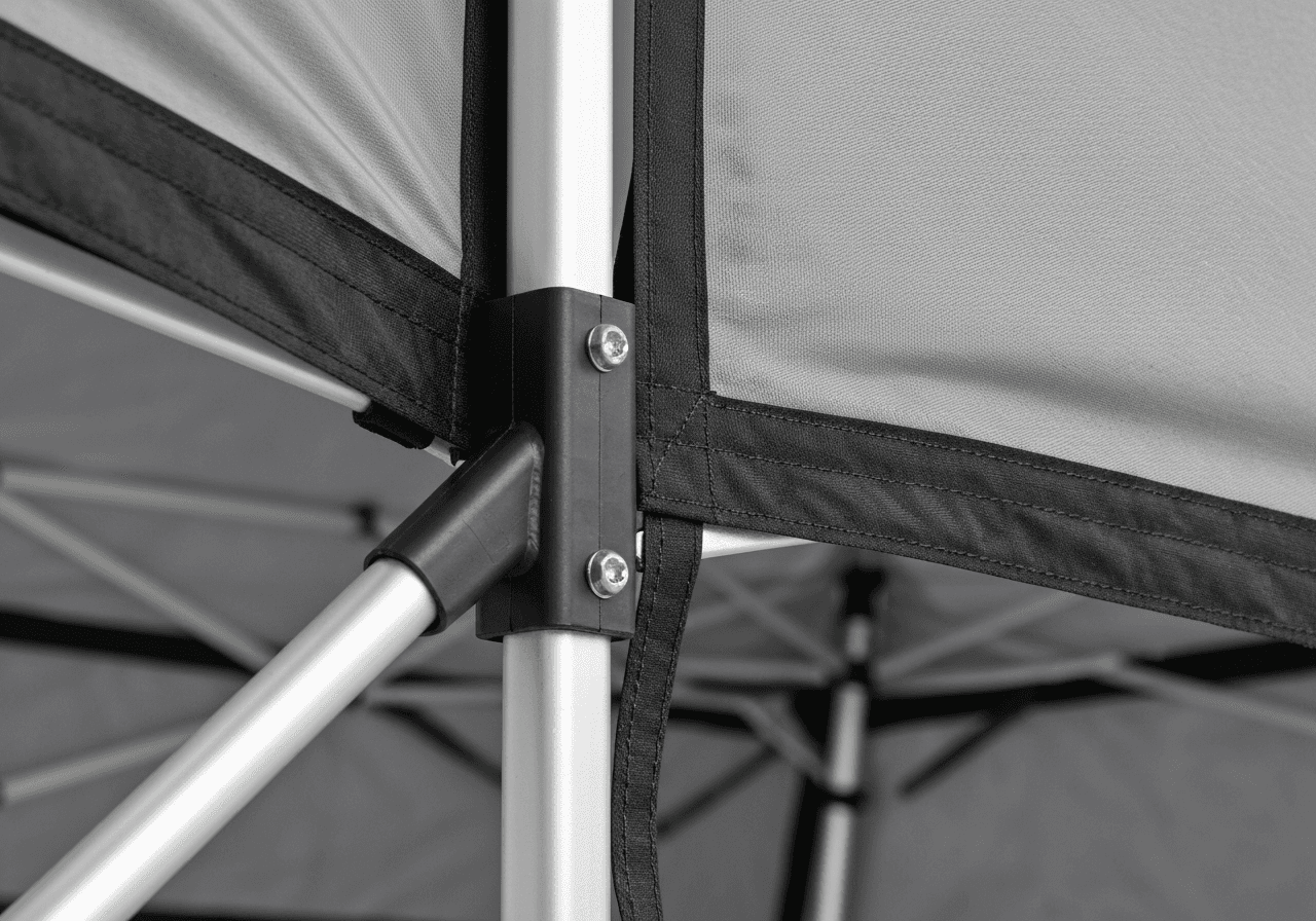 Canopy frame engineering showing wind-resistant hub design