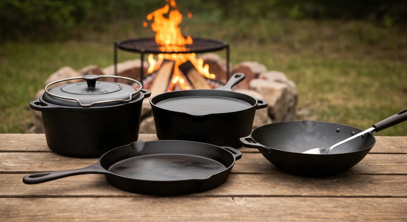 Cast iron cookware collection on rustic table with campfire setup