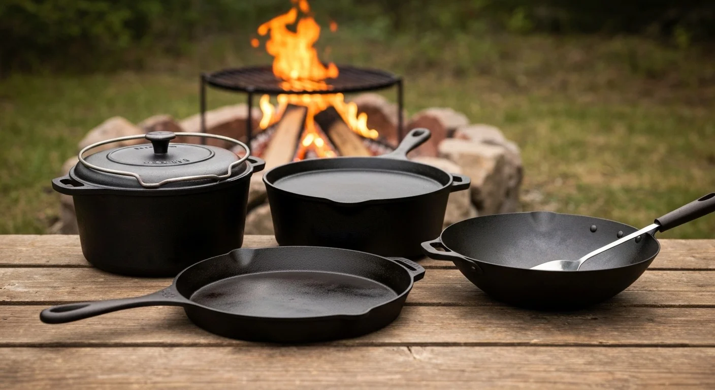 Cast iron cookware collection on rustic table with campfire setup