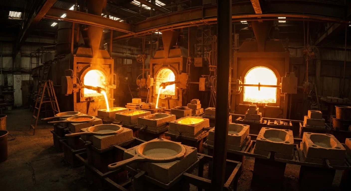 Cast iron foundry with molten iron pouring into molds
