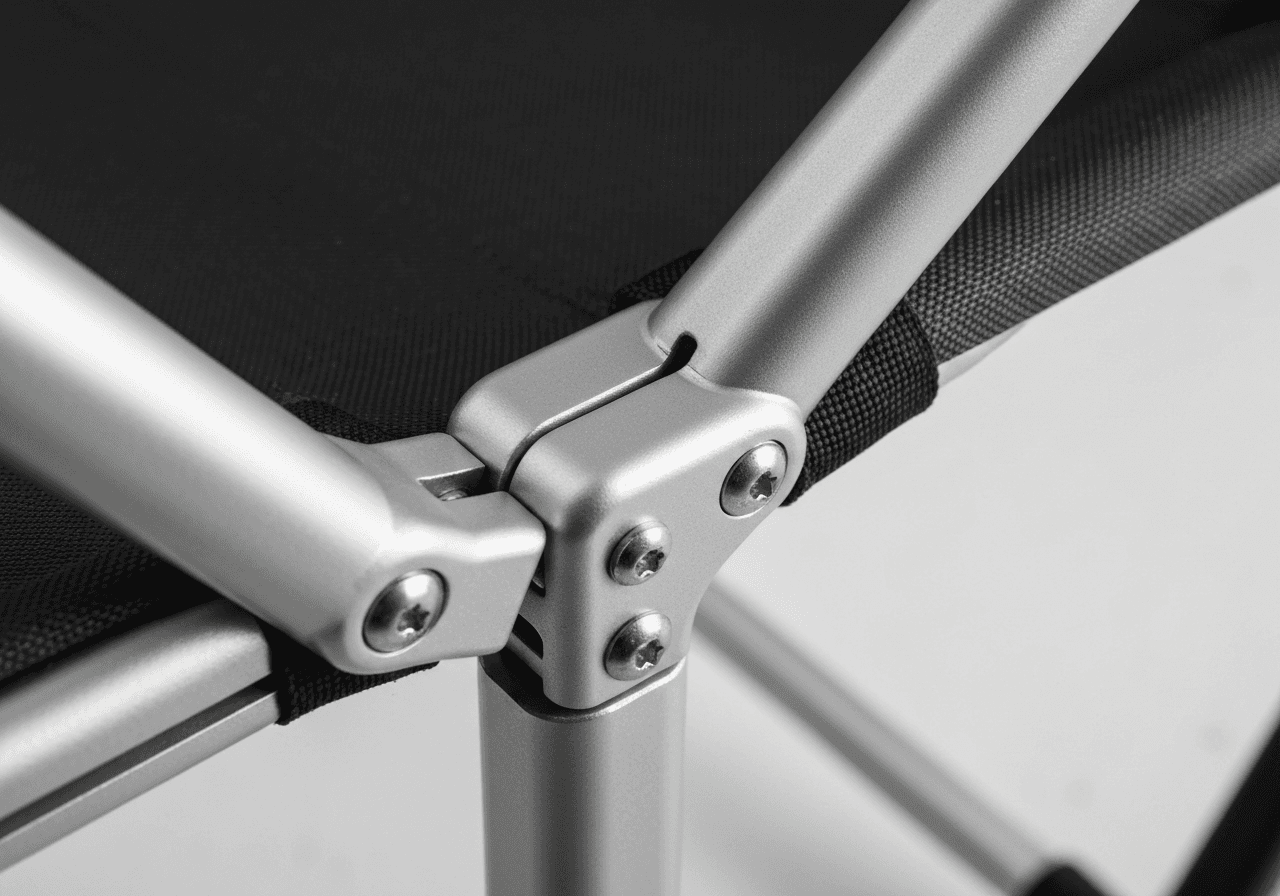 Close-up of folding chair mechanism and frame construction