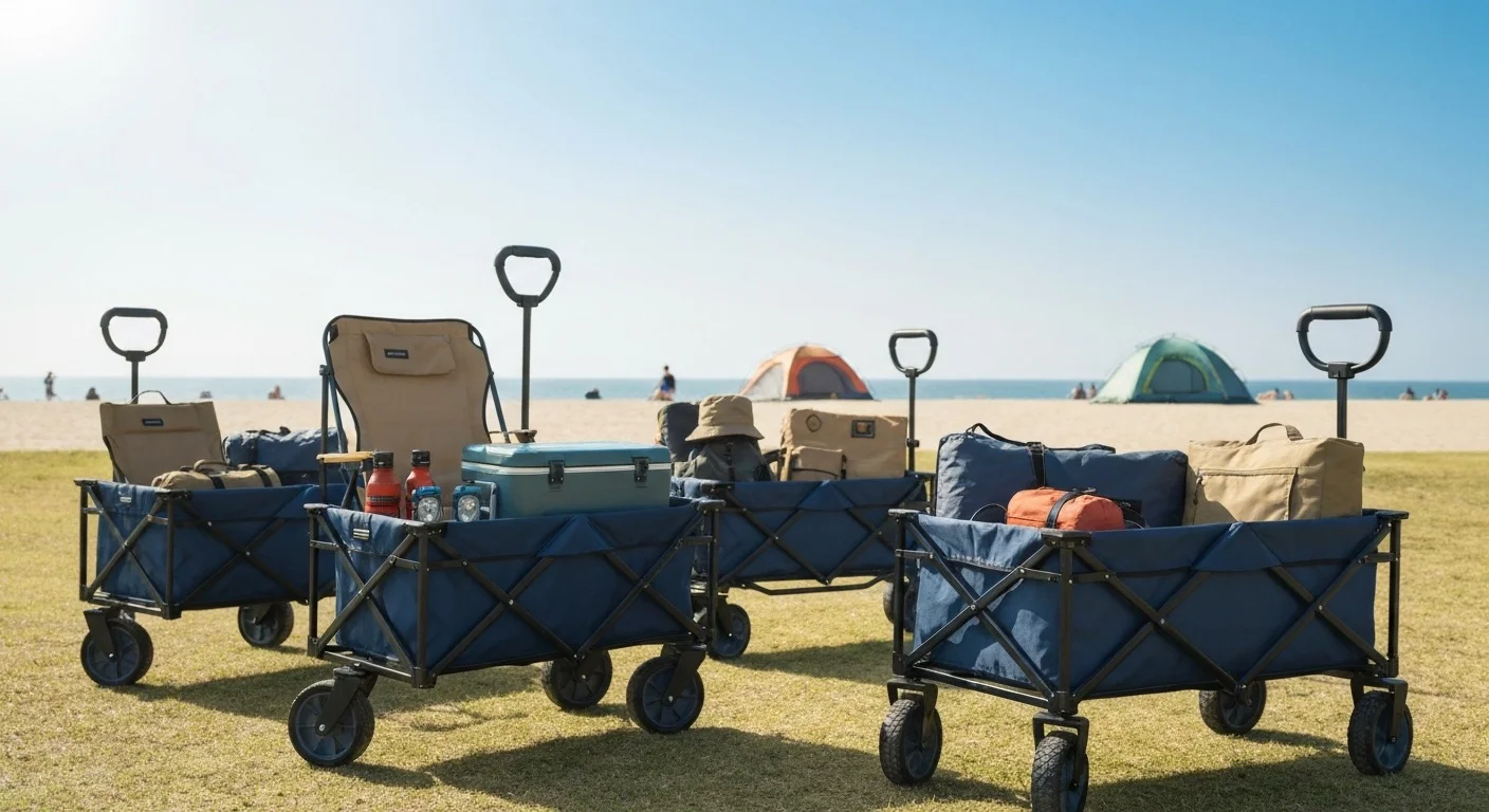 Folding utility wagons in use at beach and park settings