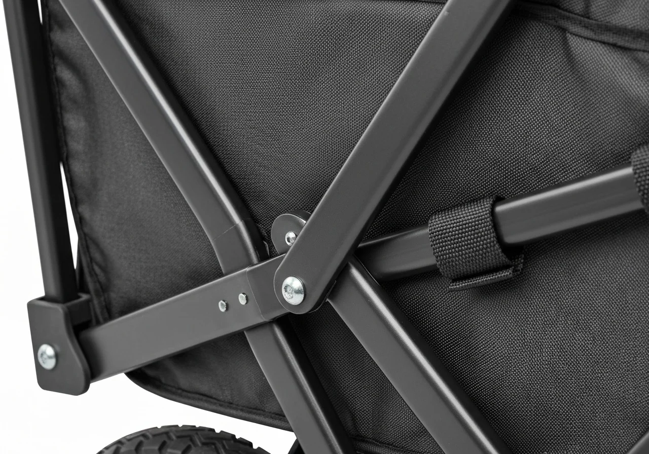 Close-up of folding wagon collapse mechanism and wheel assembly