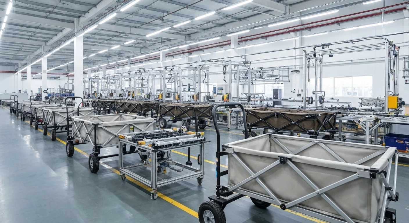 Folding wagon assembly line in manufacturing facility
