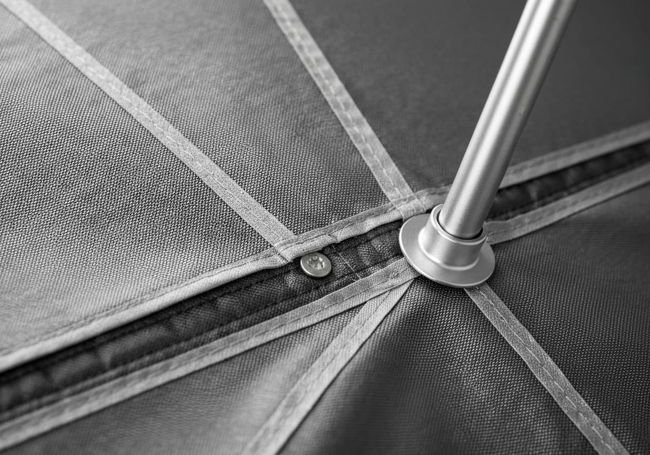 Waterproof seam tape and aluminum pole hub connector detail