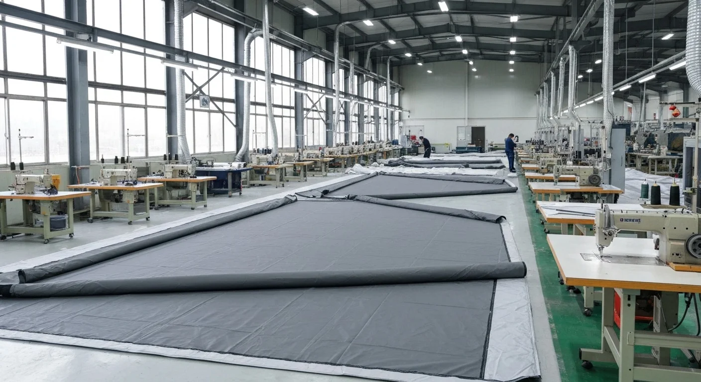 Tent manufacturing workshop with fabric cutting and sewing