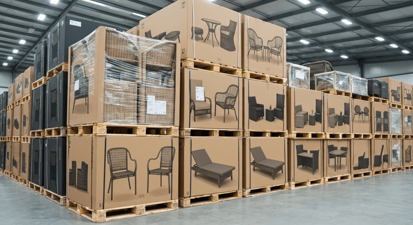 Bulk packaged outdoor products ready for distribution