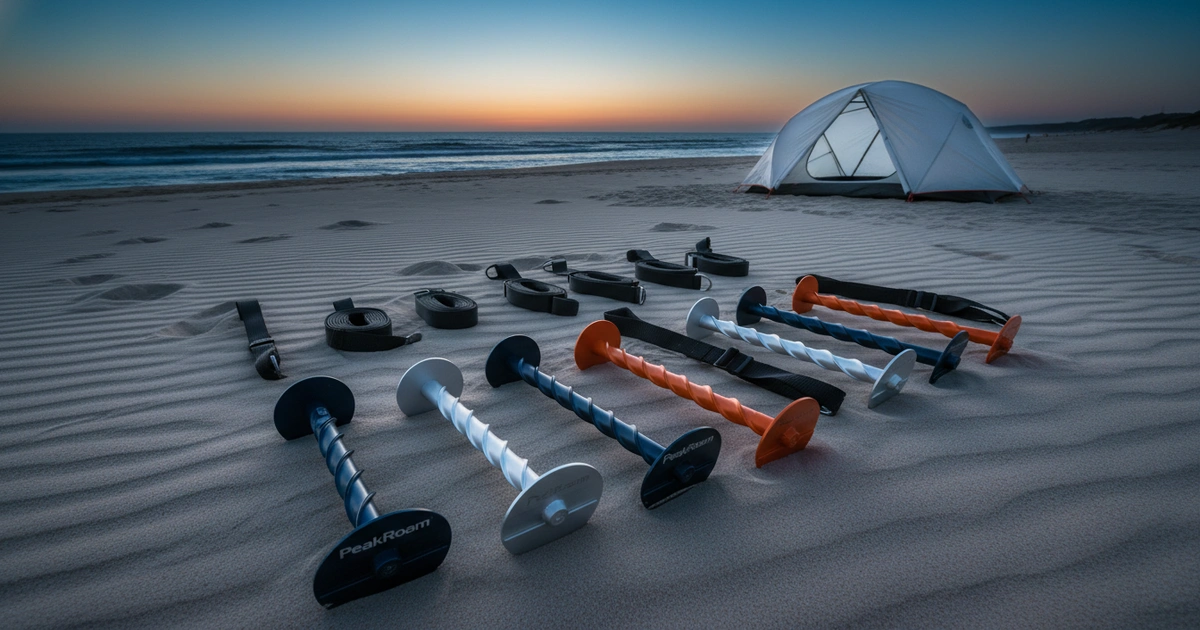 Guide: tent stakes for beach camping — Sand-specific tent stakes (V-shape, spiral, sandbag) deliver 50-80 lbs holding p