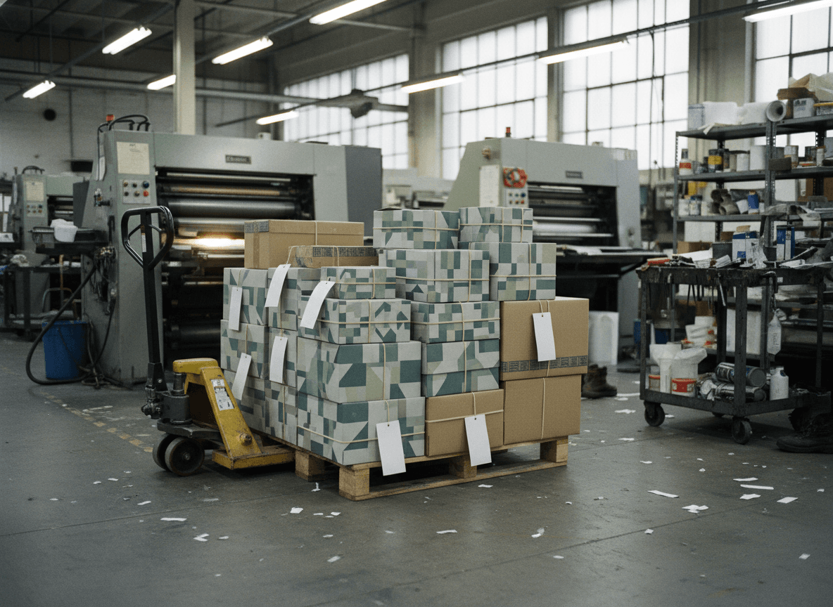 High-volume custom printed retail packaging boxes on production conveyor belt