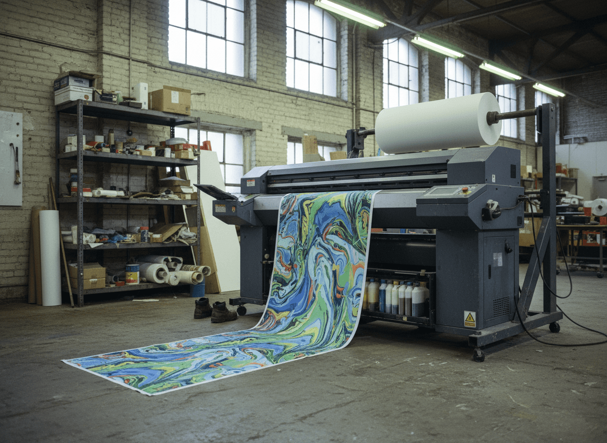 Wide-format digital printer producing large-scale banner graphics