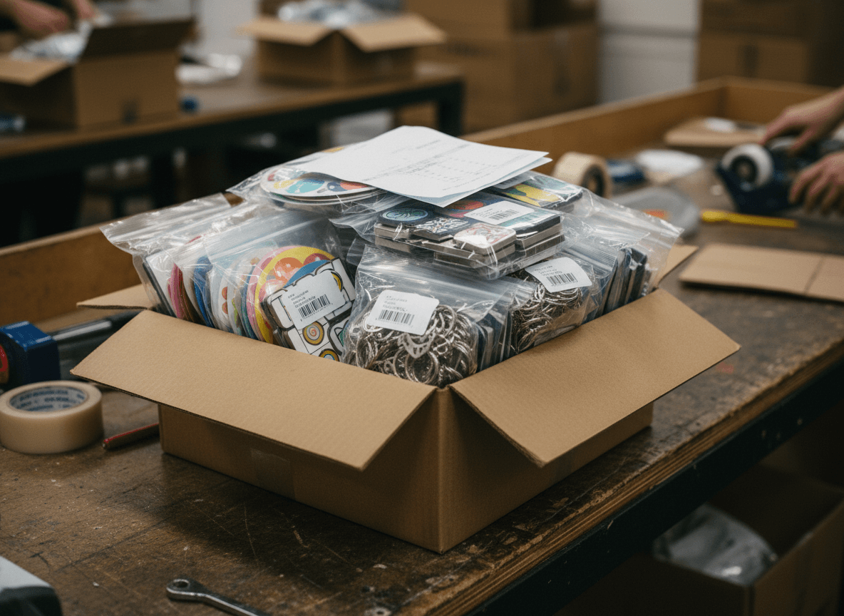Promotional merchandise kitting and assembly line with branded items ready for packaging