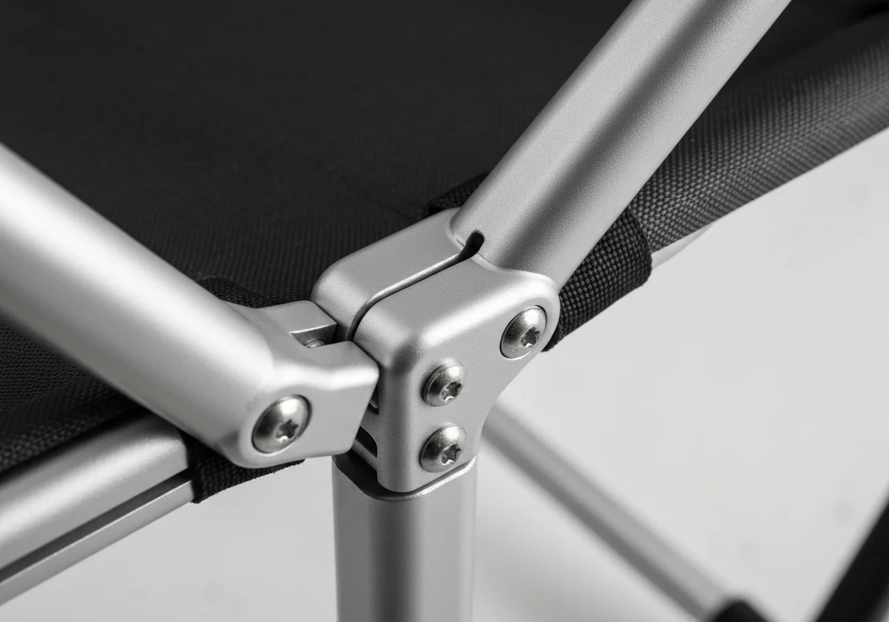 Close-up of folding chair mechanism and frame construction