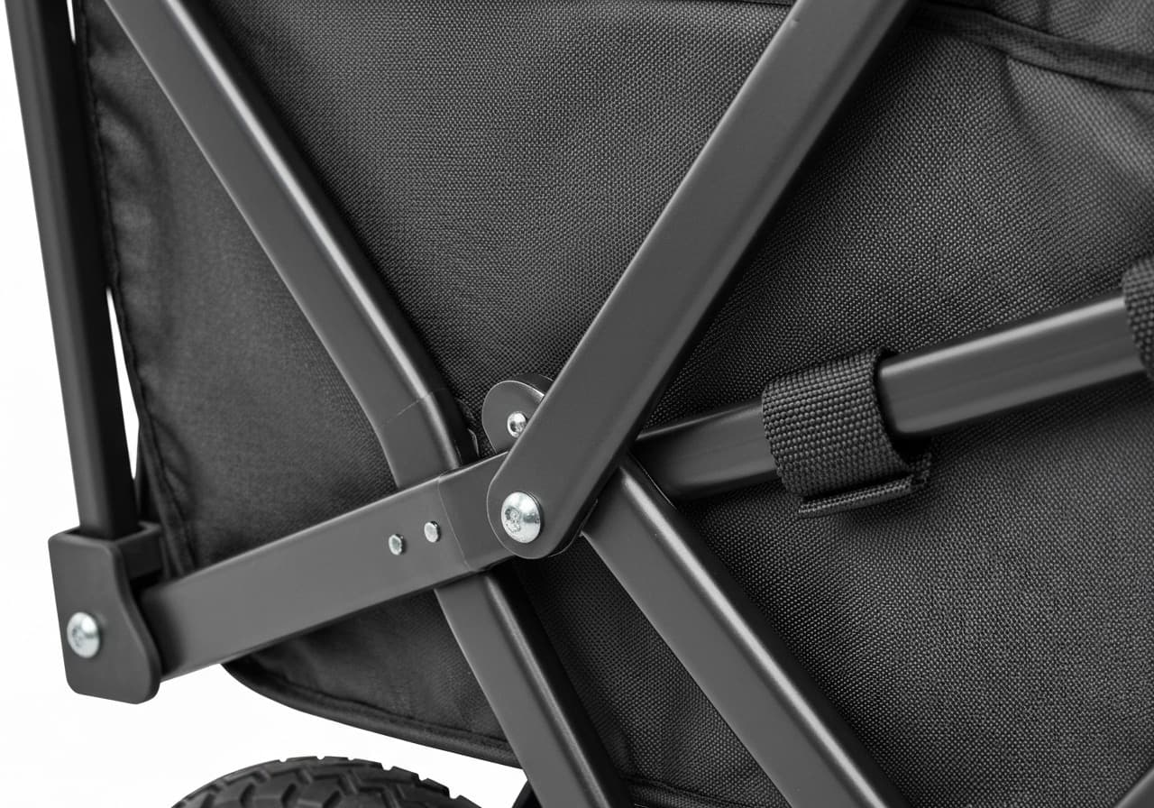 Close-up of folding wagon collapse mechanism and wheel assembly