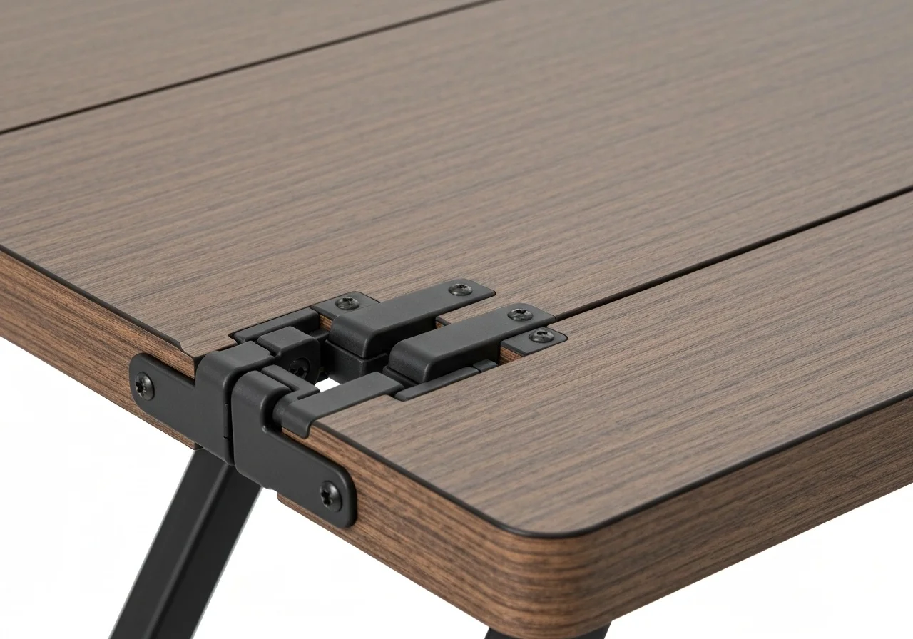 Roll-up table construction showing aluminum slats and frame