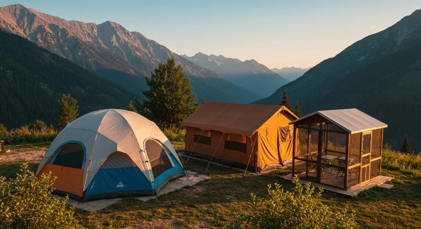 Multiple tent types displayed at mountain campsite