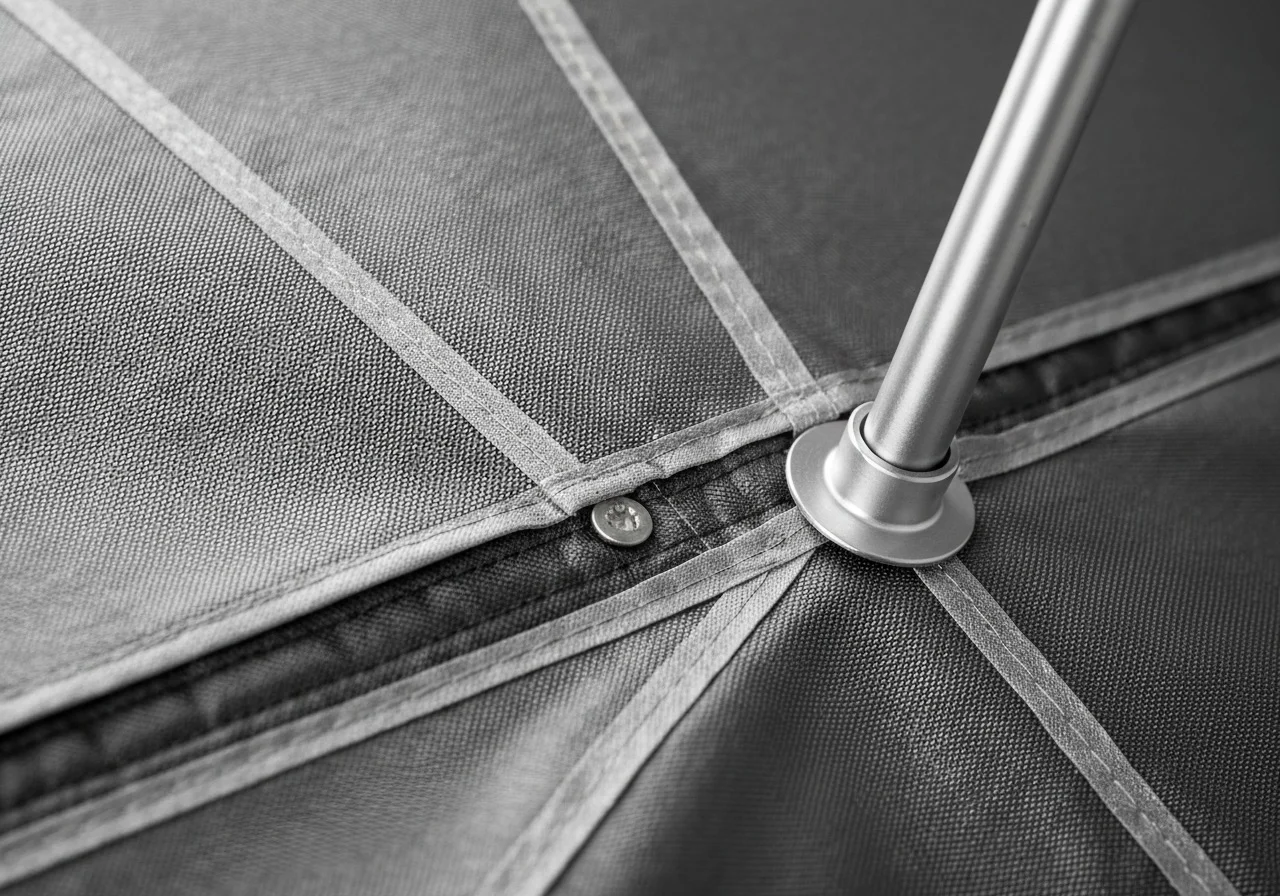 Waterproof seam tape and aluminum pole hub connector detail