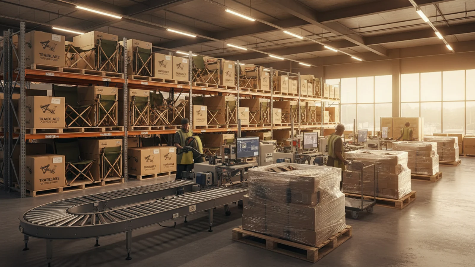 FBA-ready outdoor product packaging in a fulfillment warehouse