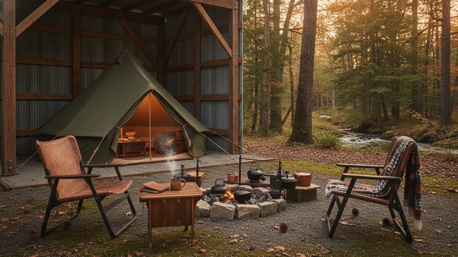 Branded outdoor furniture setup at a glamping resort campsite