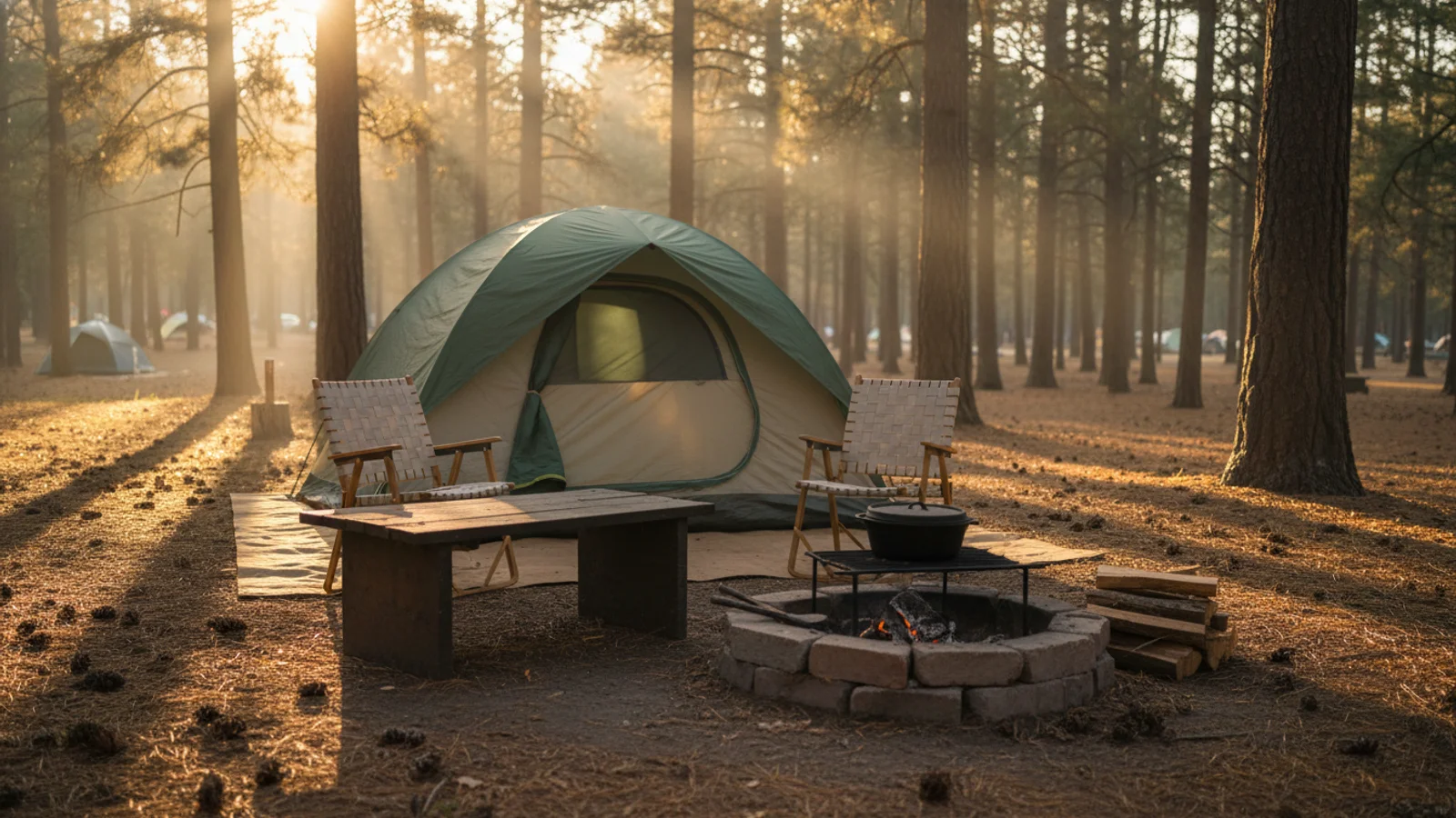 State park campsite equipped with rental outdoor gear and furniture