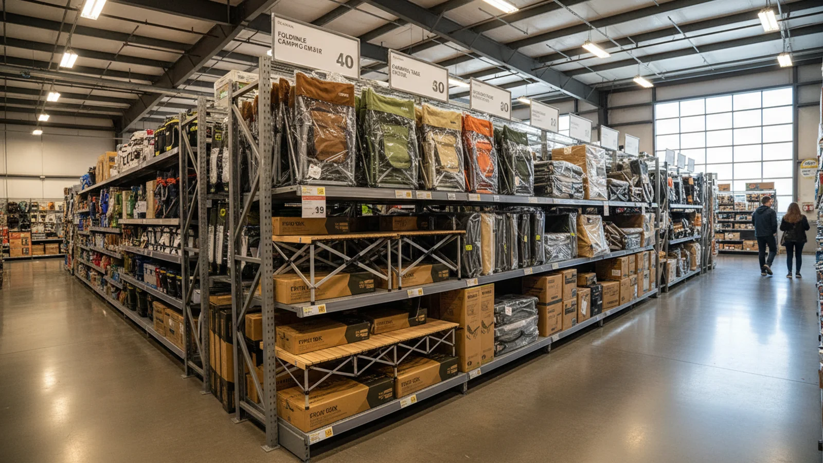 Private-label outdoor furniture displayed in a retail store setting with branded packaging