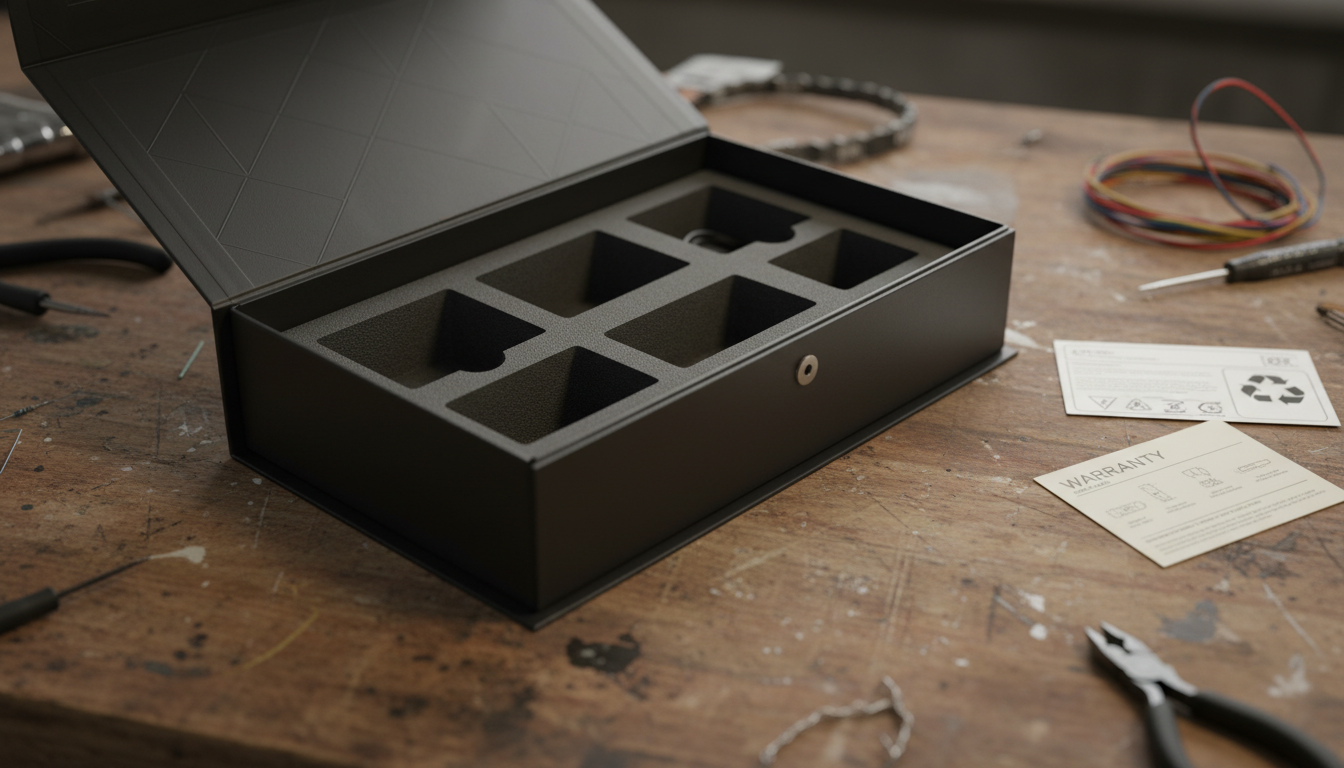 Premium electronics packaging with rigid box and custom insert