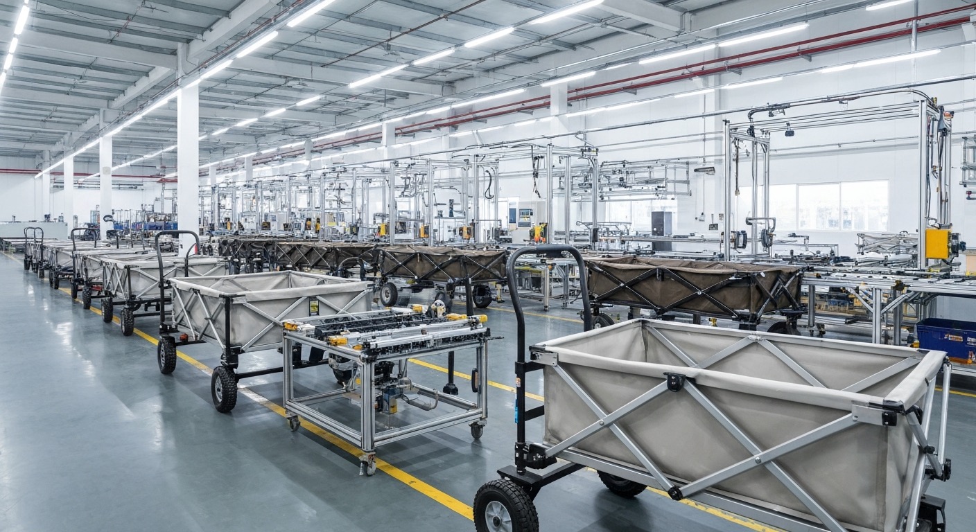 Folding wagon assembly line in manufacturing facility