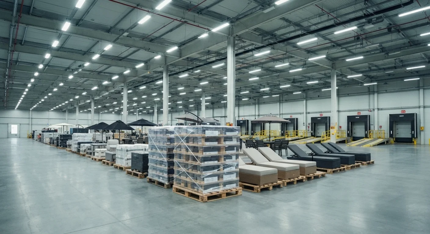 Warehouse with pallets of outdoor products