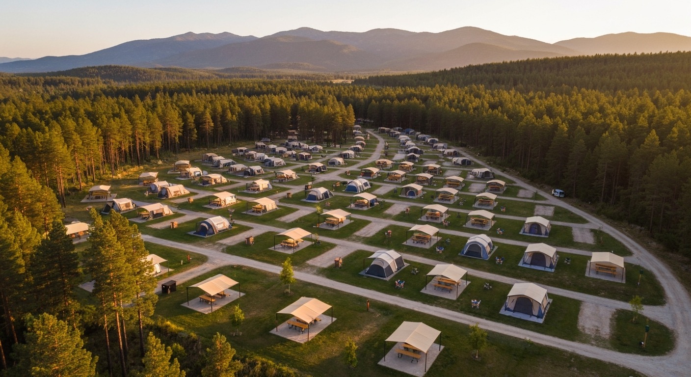 Organized campground with tents and outdoor furniture